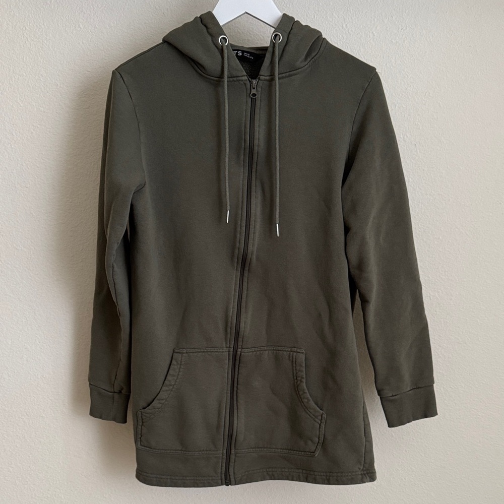 LTS Long Tall Sally Khaki Green Cotton Longline Hoodie Jacket US 8